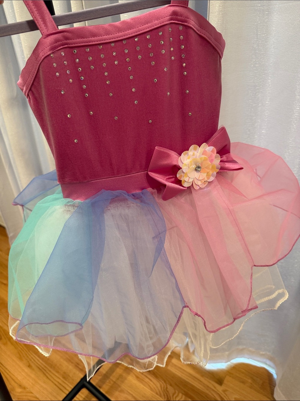 Girls Raspberry Pink Tulle Tutu Dress with Multicolor Skirt and Floral Bow